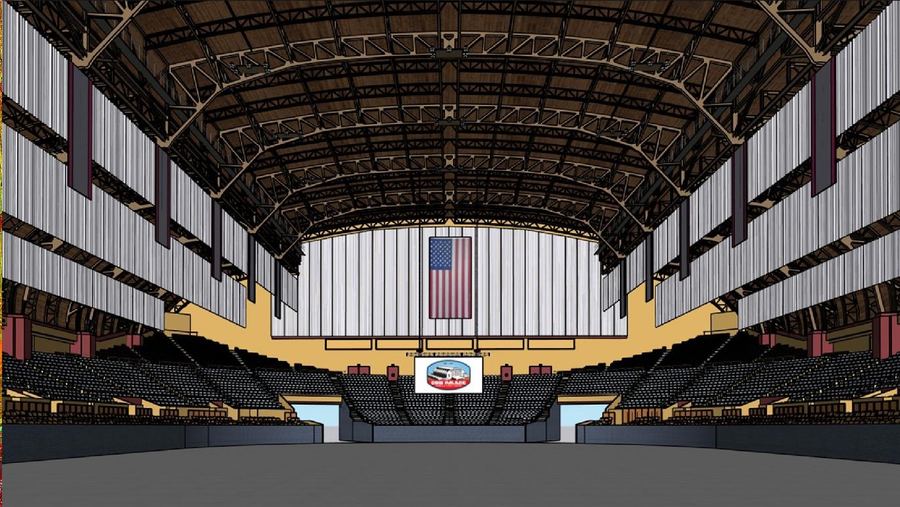 3D CAD model of the same arena showing the roof structure, seating bowl and scoreboard.