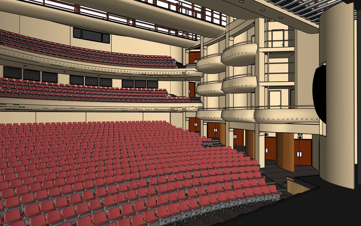 3D CAD model of a theatre auditorium interior produced from scan data — seating tiers, stacked balconies and proscenium.