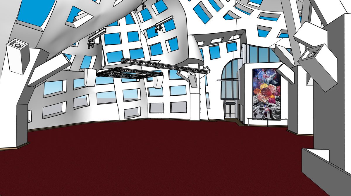 3D model of the same event space from the same viewpoint, with the curved wall panels, window openings, lighting truss and entrance modelled.