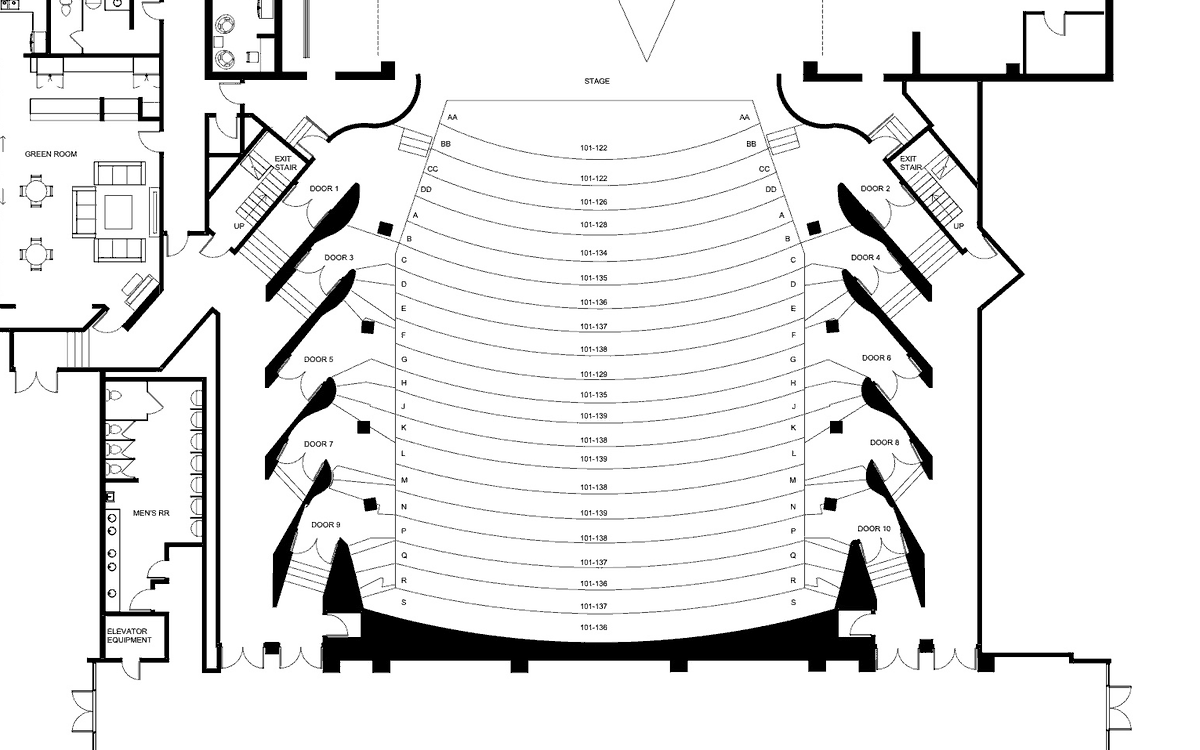 Planimetric floor plan of a theatre auditorium — curved seating rows, vomitory stairs, stage edge and surrounding circulation drawn in CAD from scan data.