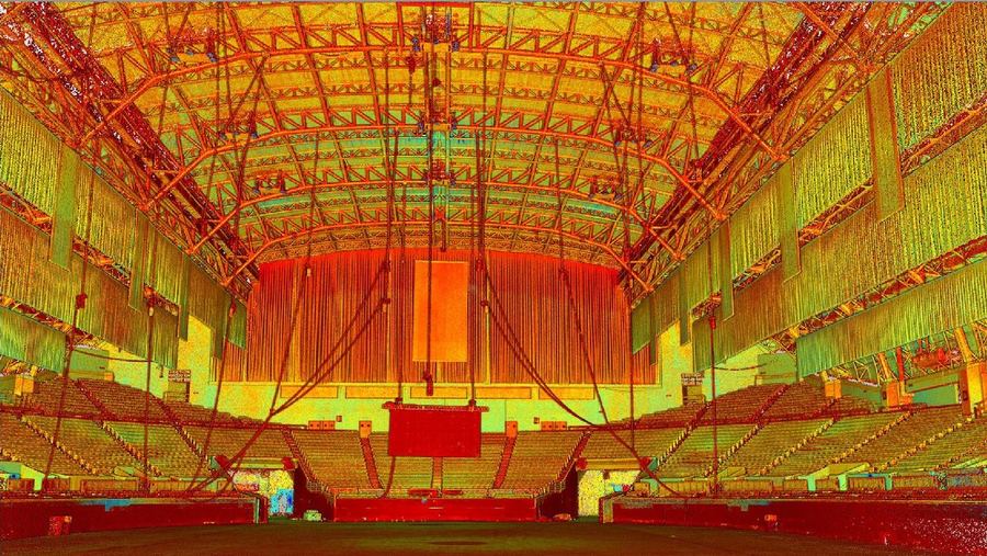 Intensity-coloured point cloud of an arena bowl and roof structure.
